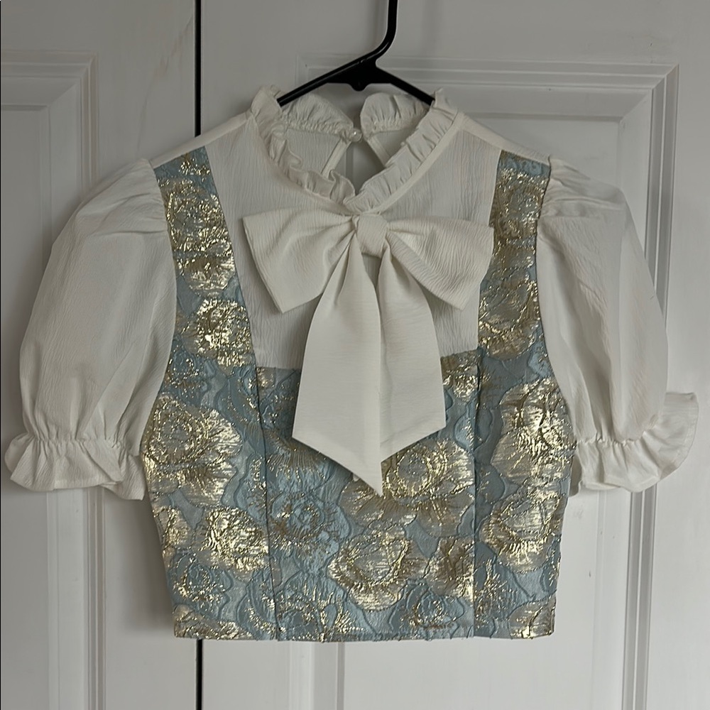 Shein White and Gold Blouse with Bow NWT